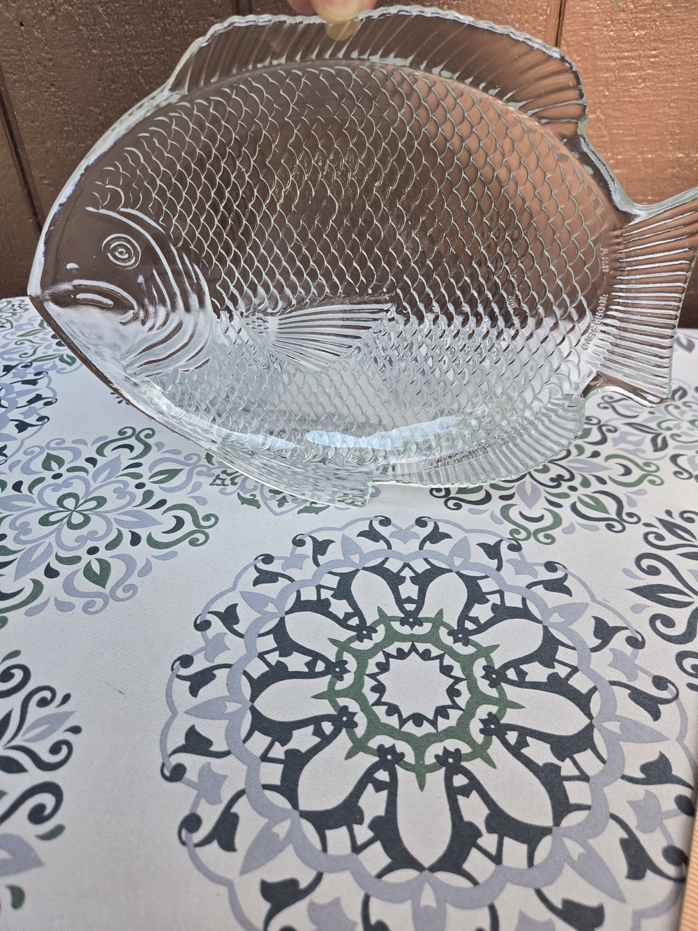 Clear Glass Fish-Shaped Serving Platter With Textured Scales